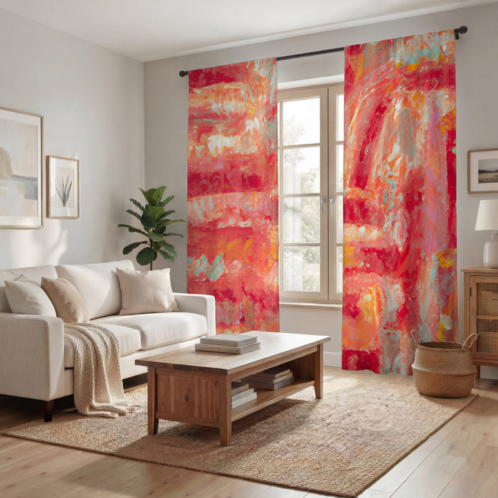 Red and Pink Abstract Paint Texture Pattern Window Curtains