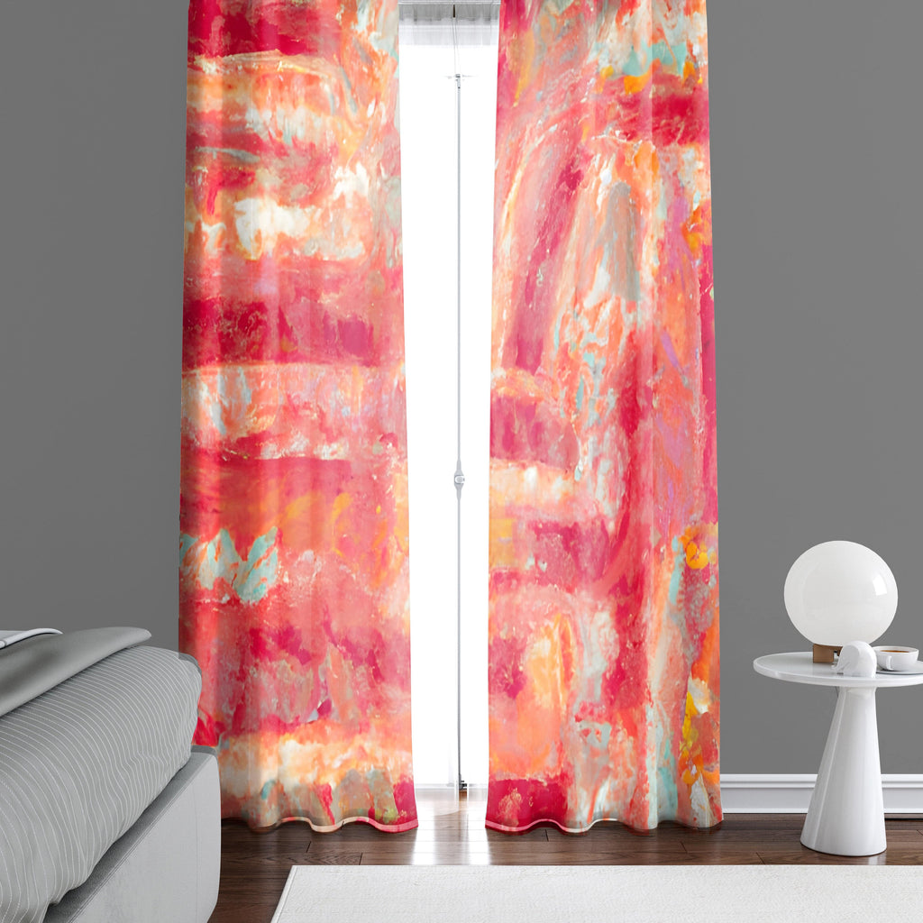 Bohemian Abstract Red and Pink Brushed Print Window Curtains - Deja Blue Studios