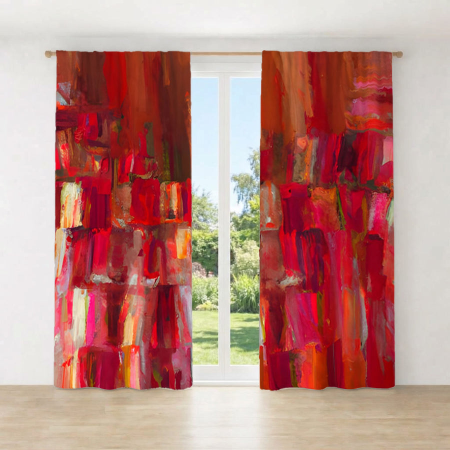 Red Vertical Abstract Texture Pattern Window Curtains