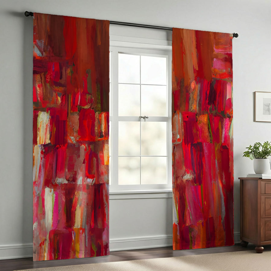 Red Vertical Abstract Texture Pattern Window Curtains