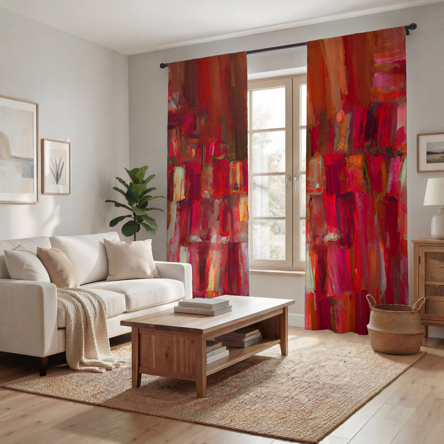 Red Vertical Abstract Texture Pattern Window Curtains