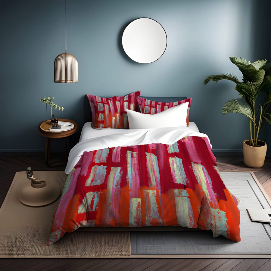 Red Vertical Strokes Abstract  Pattern Duvet Cover