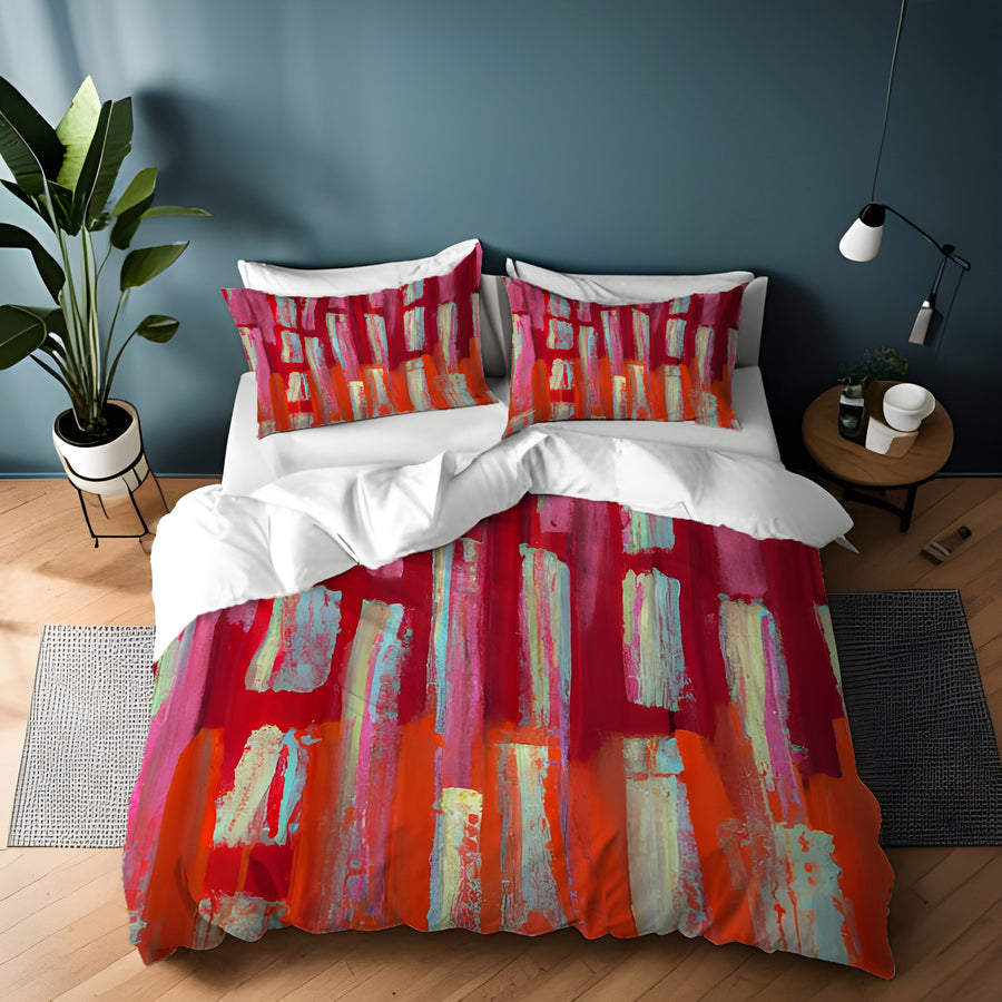 Red Vertical Strokes Abstract  Pattern Duvet Cover