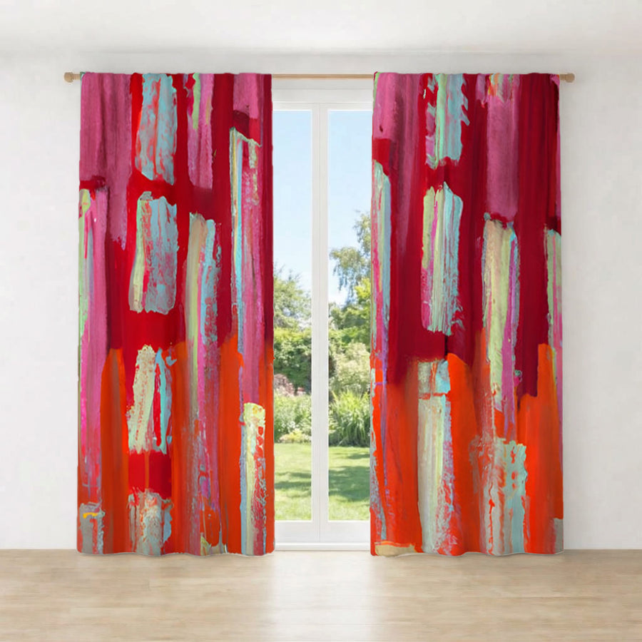 Red Vertical Strokes Abstract  Pattern Window Curtains