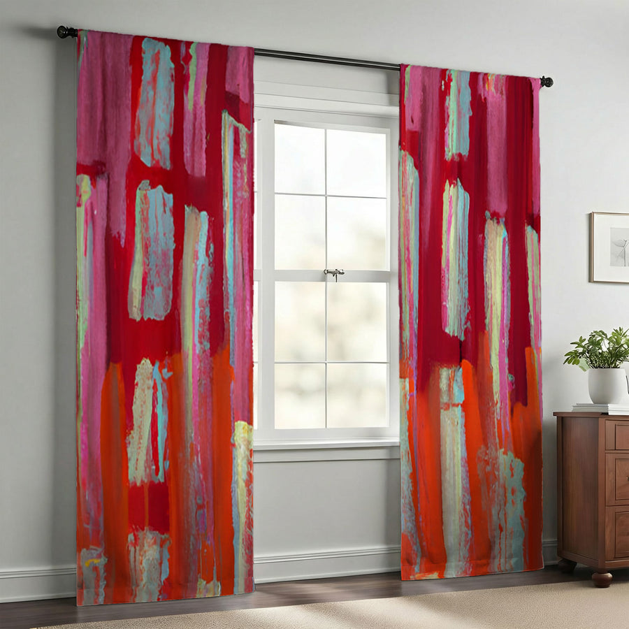 Red Vertical Strokes Abstract  Pattern Window Curtains