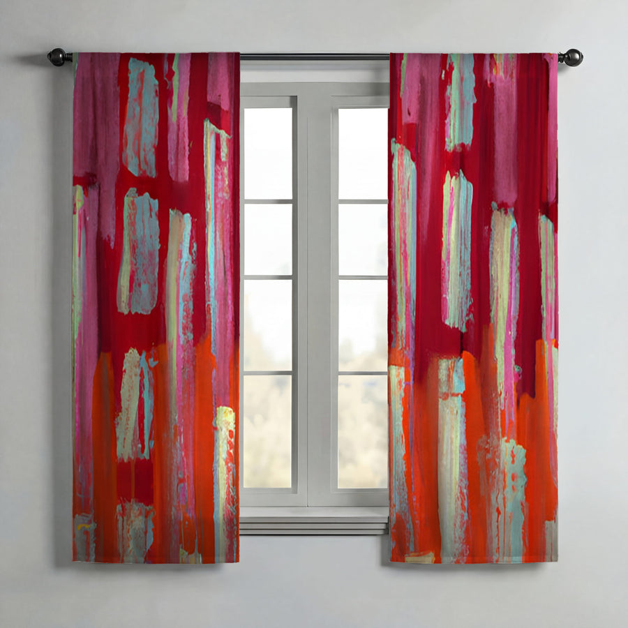 Red Vertical Strokes Abstract  Pattern Window Curtains