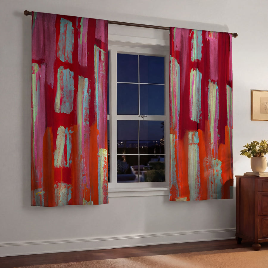 Red Vertical Strokes Abstract  Pattern Window Curtains