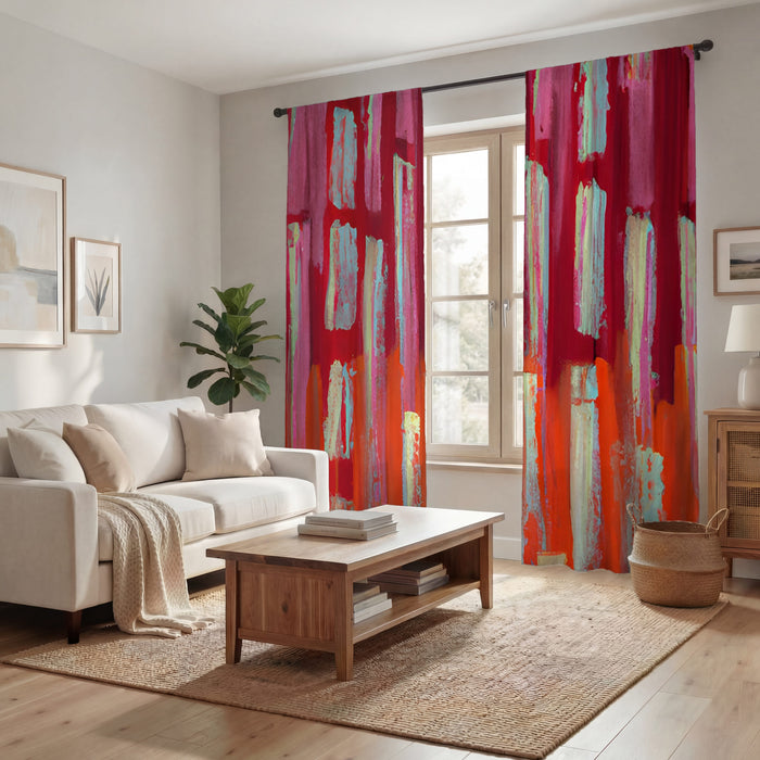 Red Vertical Strokes Abstract  Pattern Window Curtains