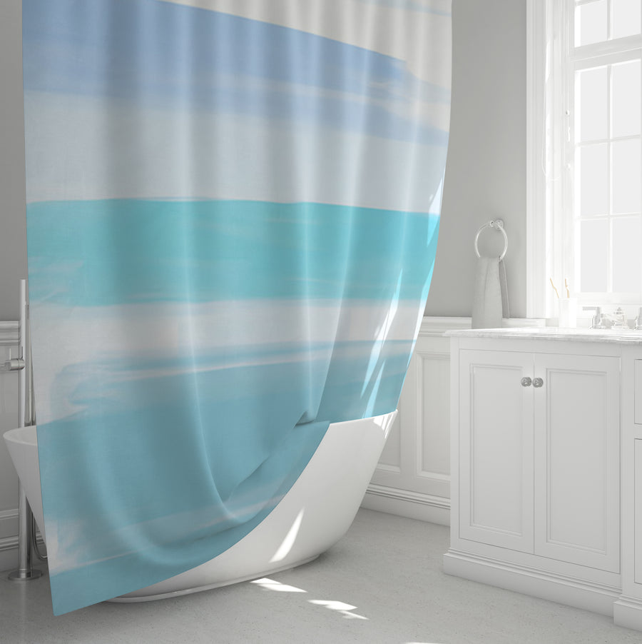Blue Coastal Horizon Stripe Pattern Shower Curtain
