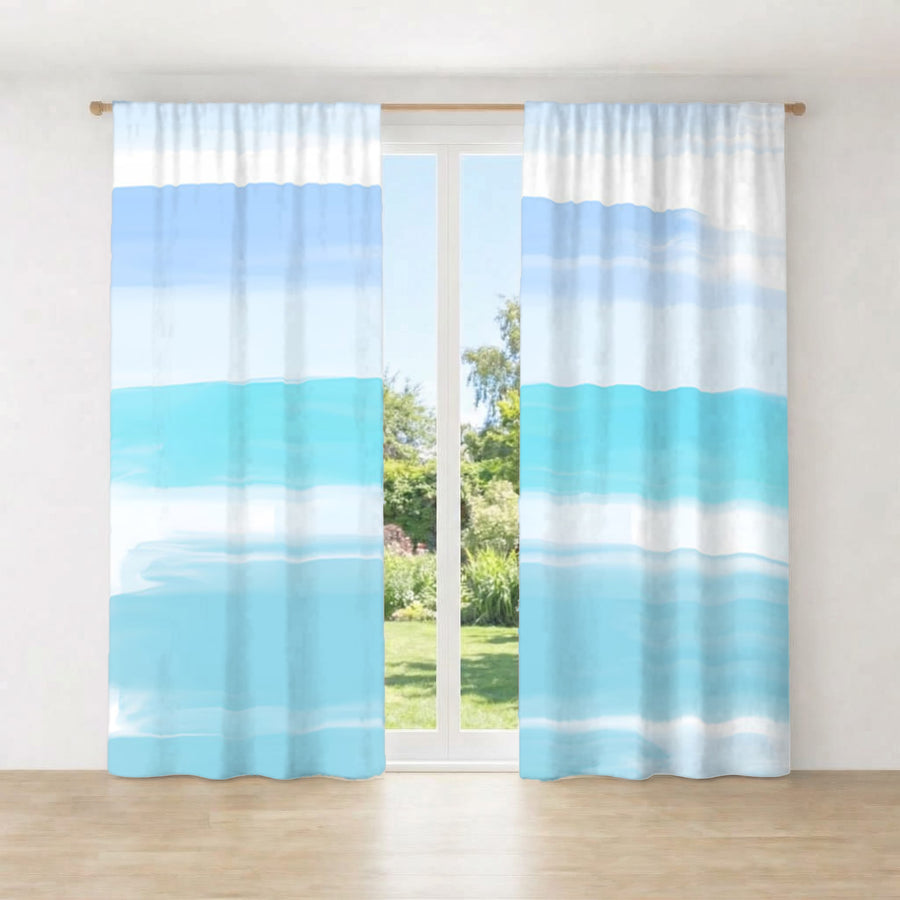 Blue Coastal Horizon Stripe Pattern Window Curtains