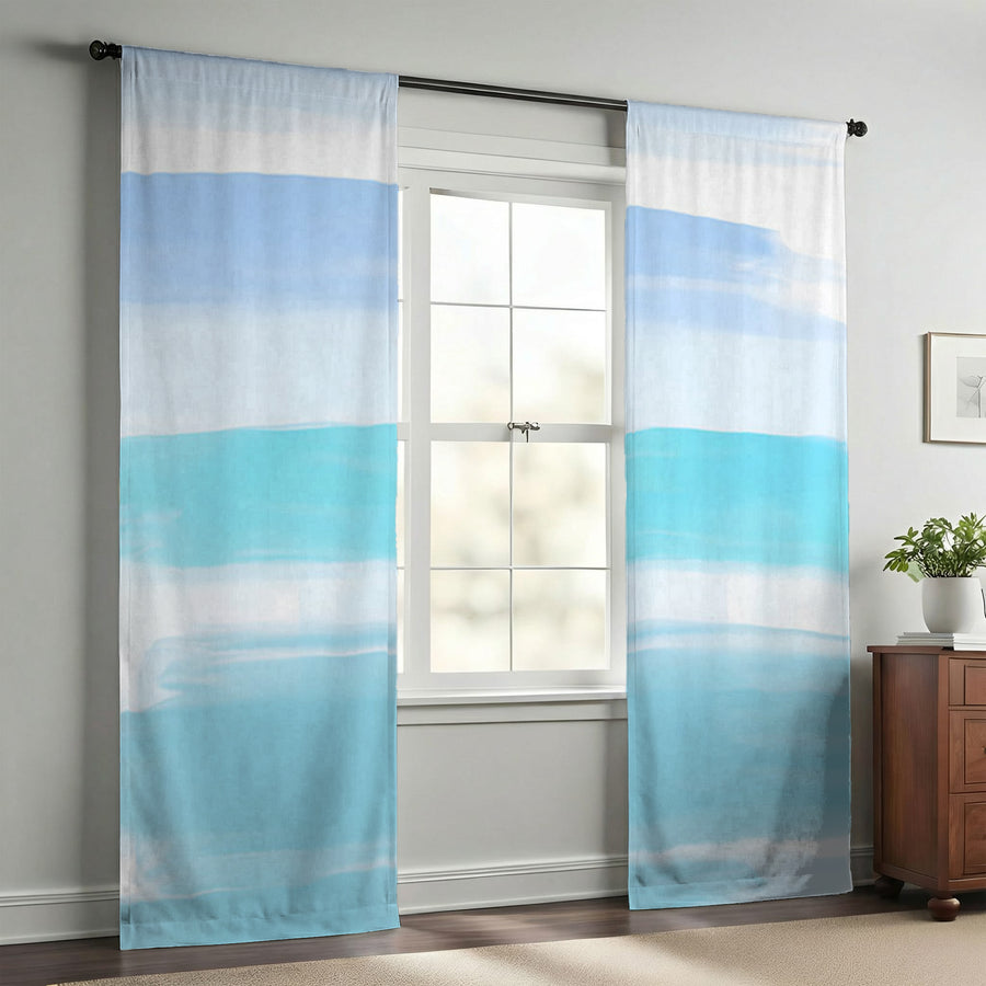 Blue Coastal Horizon Stripe Pattern Window Curtains