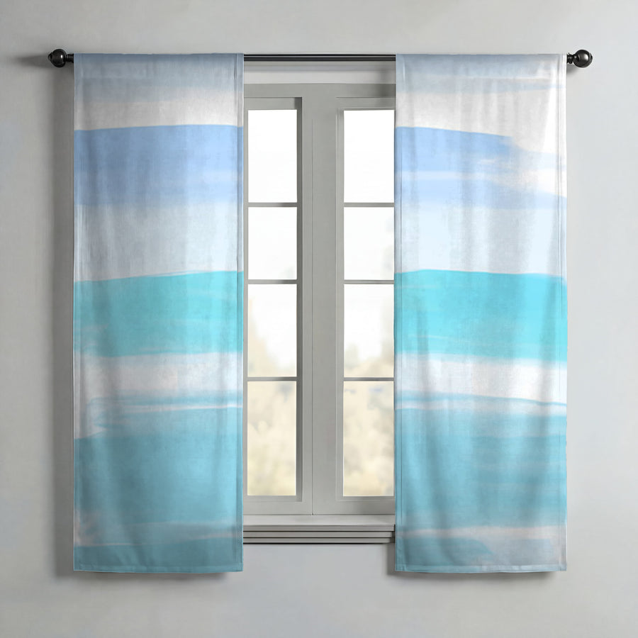 Blue Coastal Horizon Stripe Pattern Window Curtains