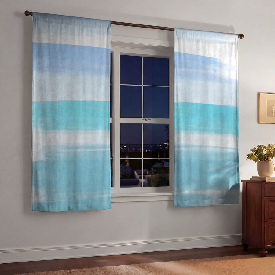 Blue Coastal Horizon Stripe Pattern Window Curtains