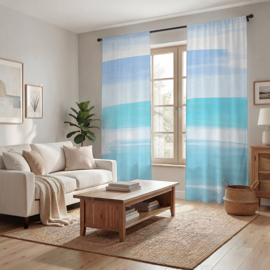 Blue Coastal Horizon Stripe Pattern Window Curtains