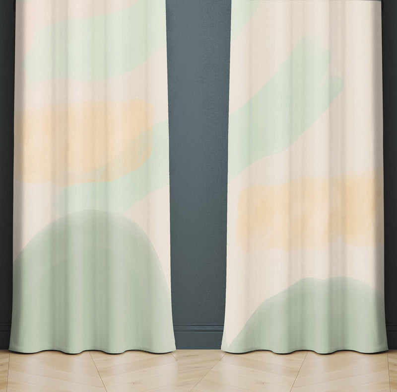 Green and Beige Whimsical Abstract Window Curtains - Deja Blue Studios