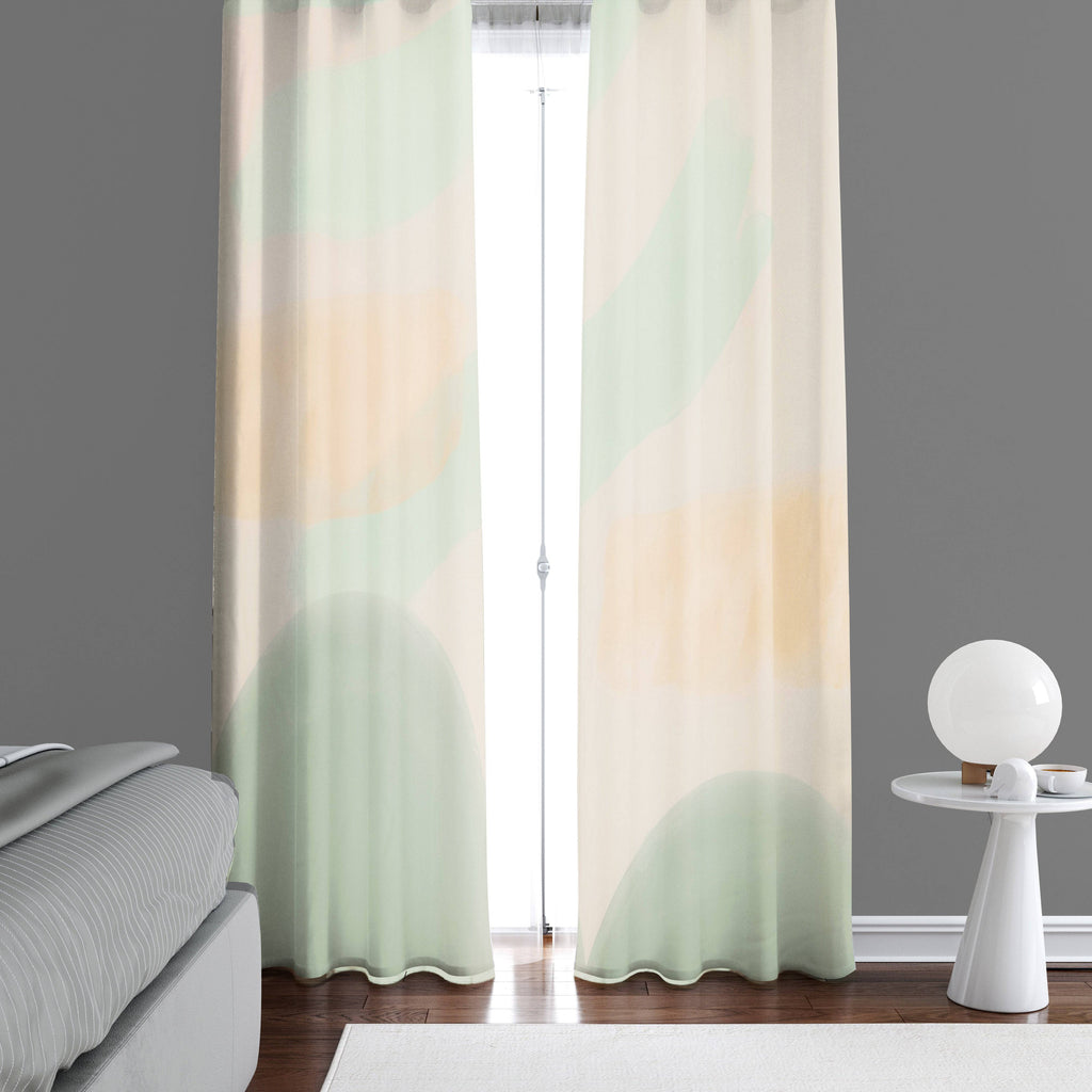 Green and Beige Whimsical Abstract Window Curtains - Deja Blue Studios