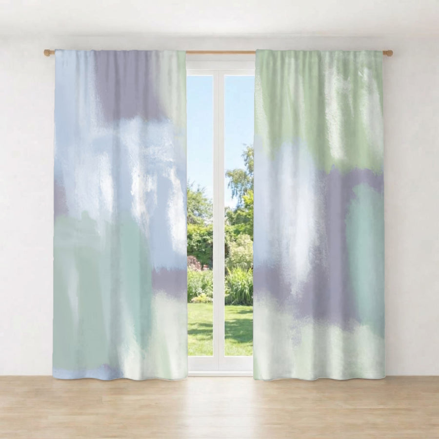 Soft Blue and Green Abstract Texture Pattern Window Curtains