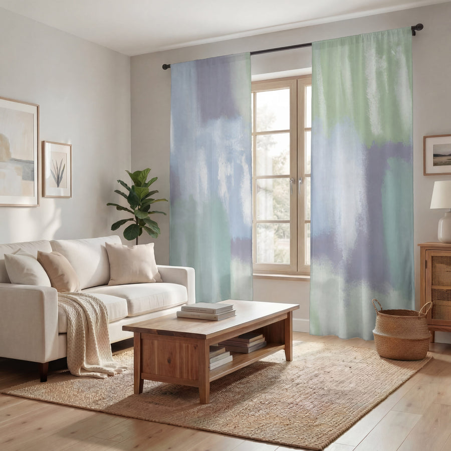 Soft Blue and Green Abstract Texture Pattern Window Curtains