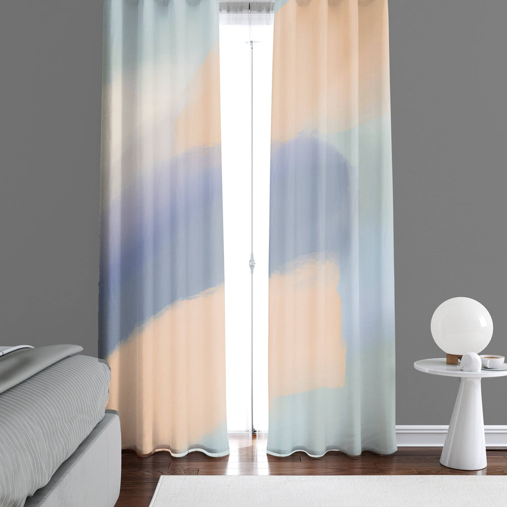 Whimsical Window Curtains - Blue and Orange Calming Pattern - Deja Blue Studios