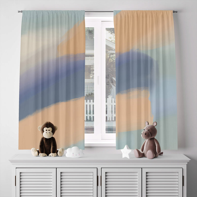 Whimsical Window Curtains - Blue and Orange Calming Pattern - Deja Blue Studios