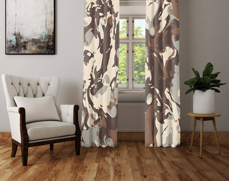 Color Swirl Window Curtains - Beige, Brown and Gray Arrid Camo - Deja Blue Studios