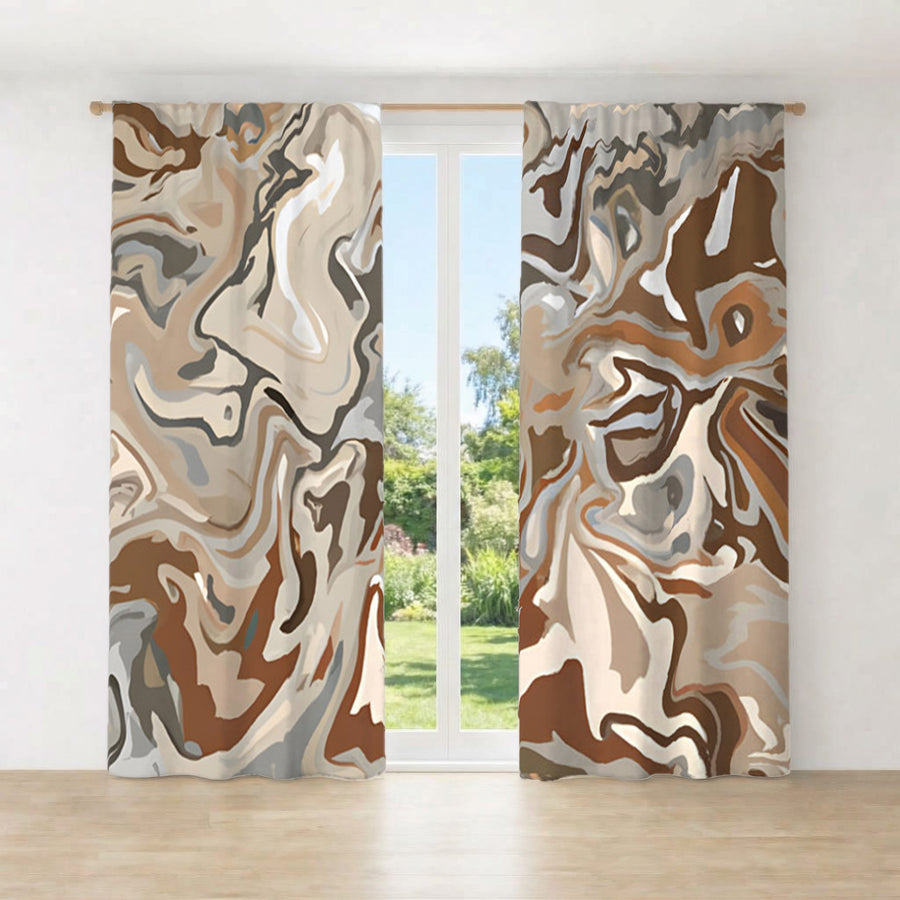 Brown Fluid Marble Swirl Pattern Window Curtain
