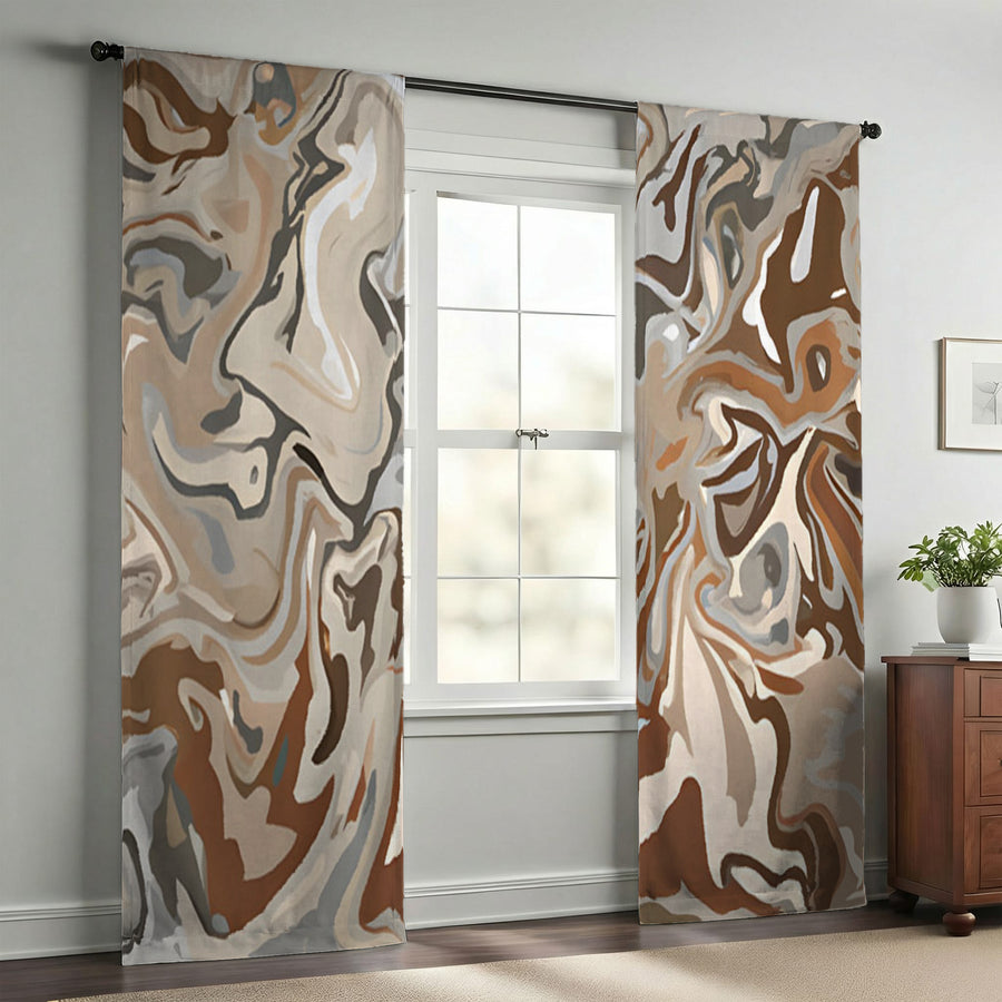 Brown Fluid Marble Swirl Pattern Window Curtain