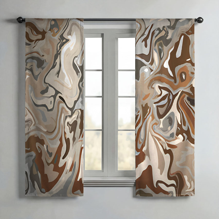 Brown Fluid Marble Swirl Pattern Window Curtain