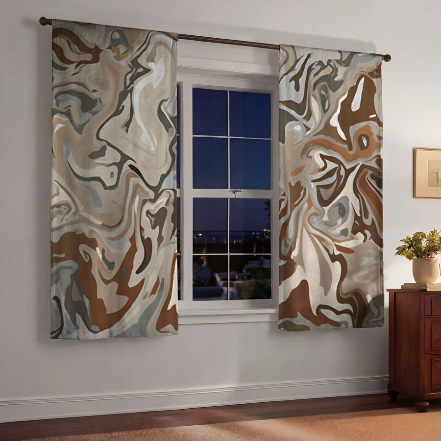 Brown Fluid Marble Swirl Pattern Window Curtain