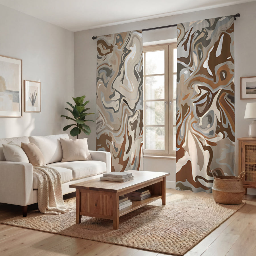 Brown Fluid Marble Swirl Pattern Window Curtain