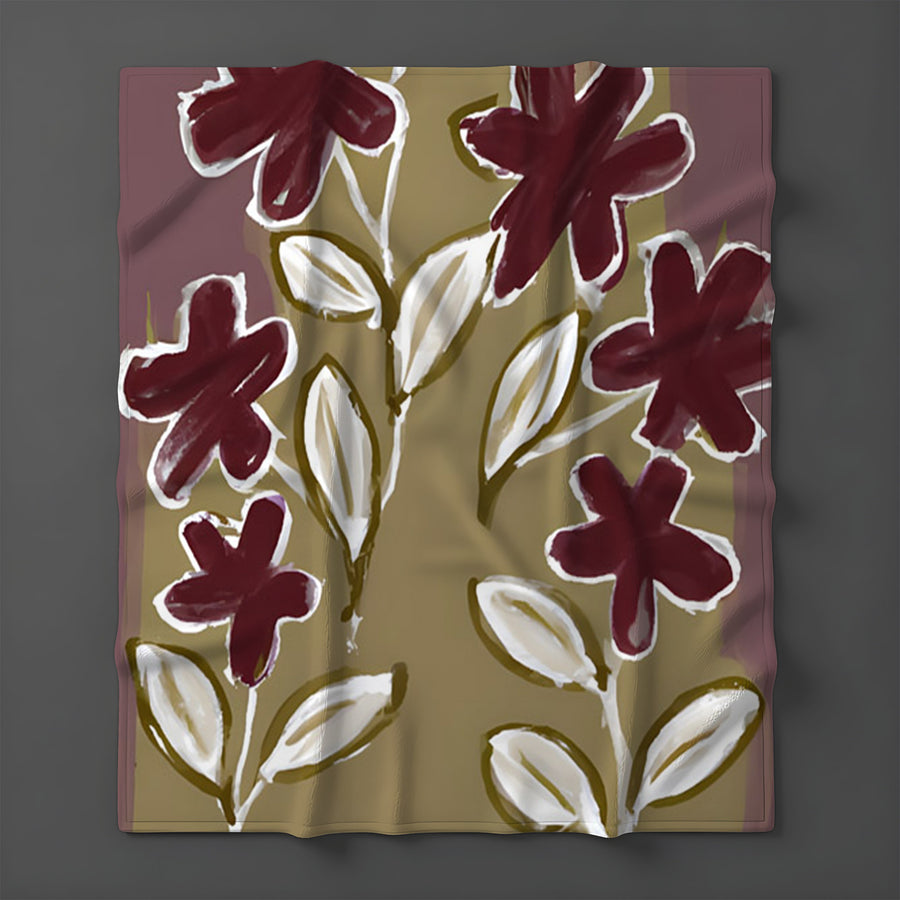Red Floral Botanical Pattern Fleece Sherpa Blanket