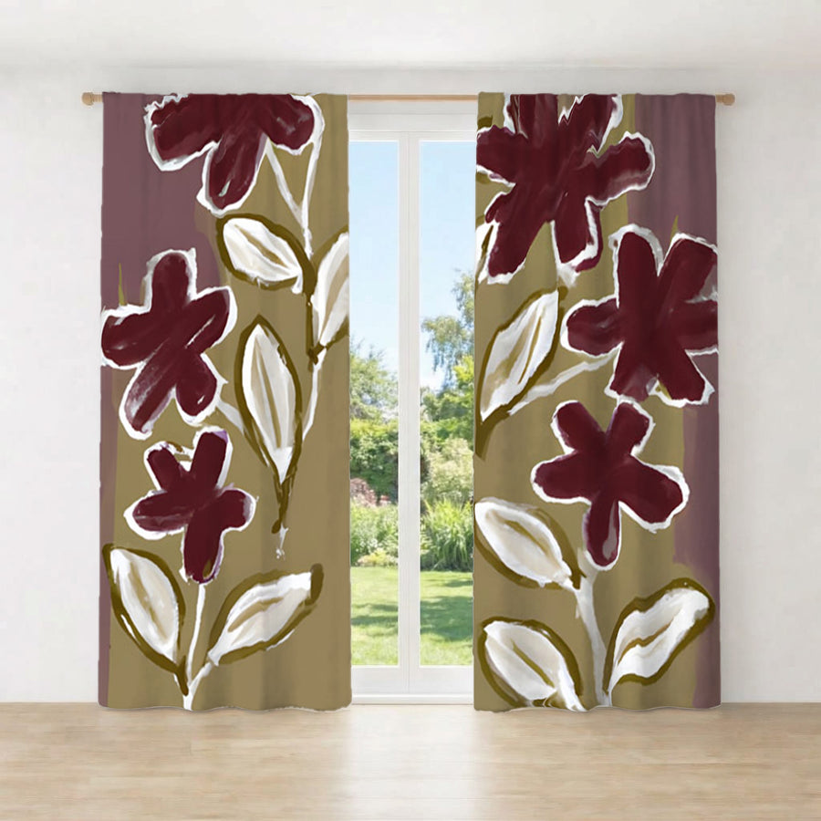 Red Floral Botanical Pattern Window Curtains