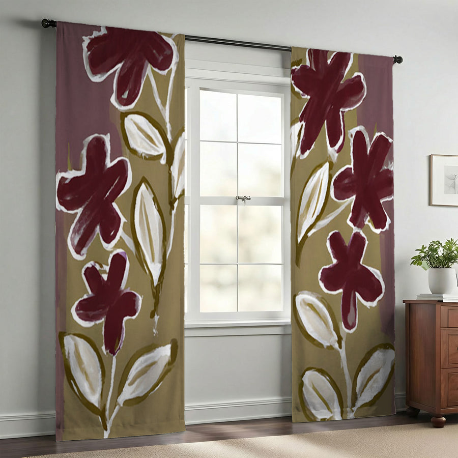 Red Floral Botanical Pattern Window Curtains