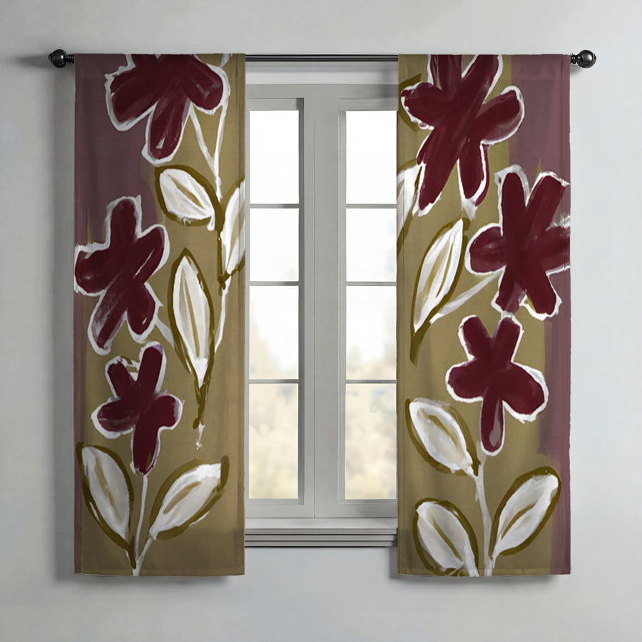 Red Floral Botanical Pattern Window Curtains