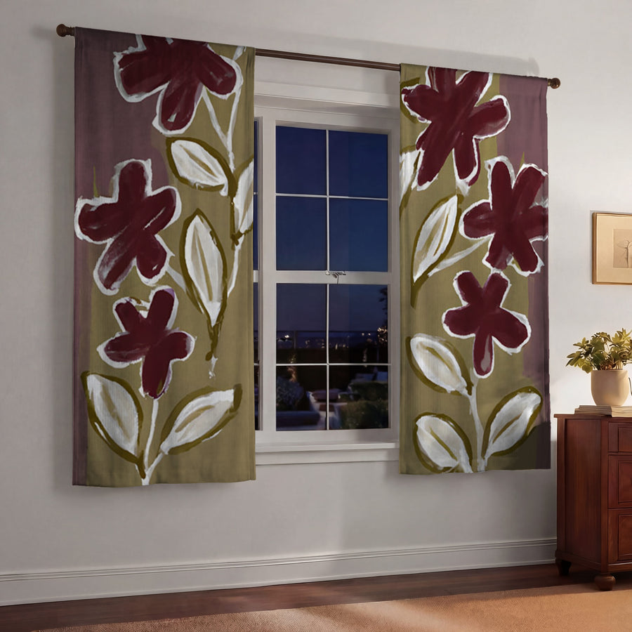 Red Floral Botanical Pattern Window Curtains