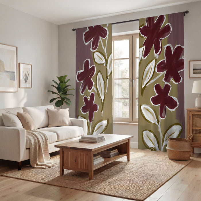 Red Floral Botanical Pattern Window Curtains