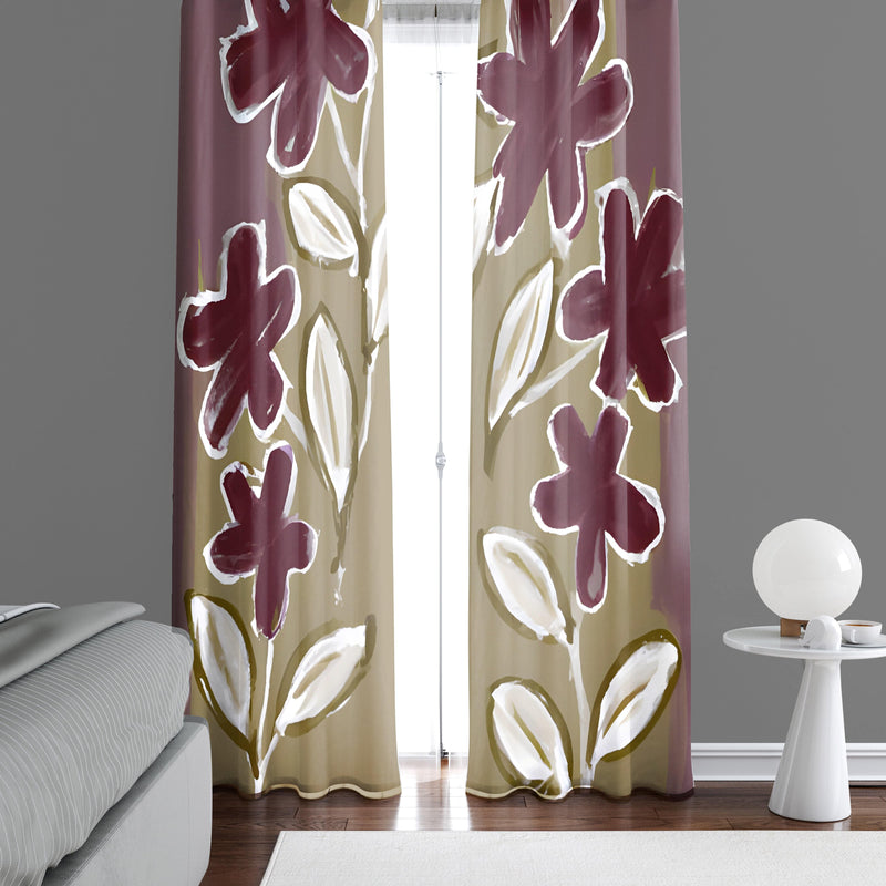 Floral Window Curtains - Beige and Burgundy Painted Print - Deja Blue Studios