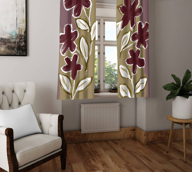 Floral Window Curtains - Beige and Burgundy Painted Print - Deja Blue Studios