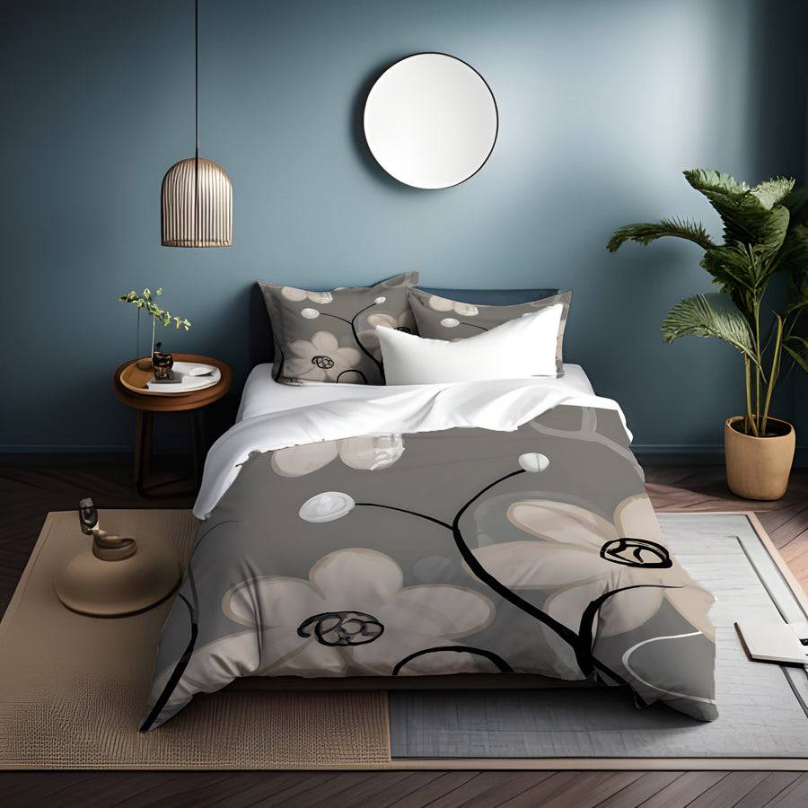 Gray Minimalist Floral Line Pattern Duvet Cover