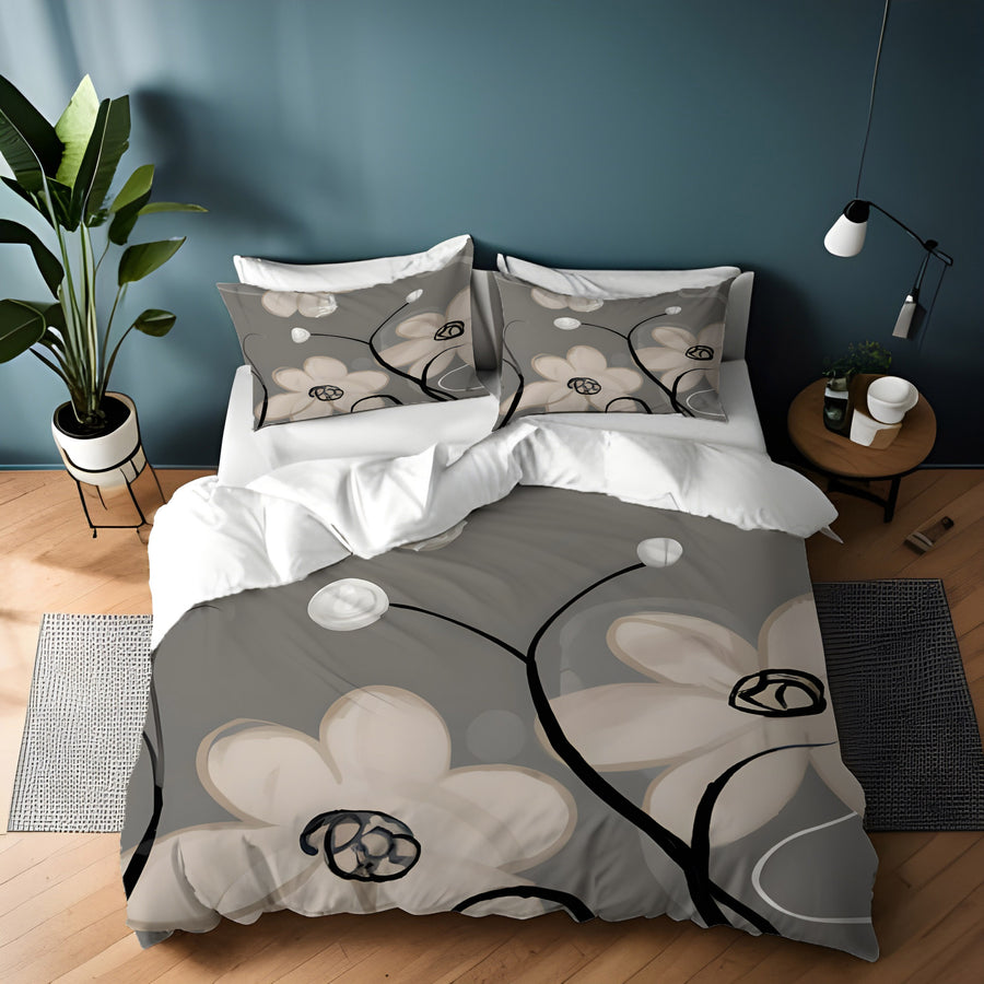 Gray Minimalist Floral Line Pattern Duvet Cover