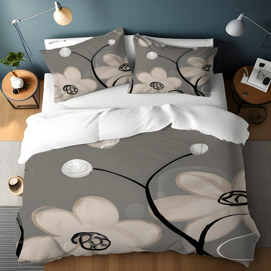 Gray Minimalist Floral Line Pattern Duvet Cover