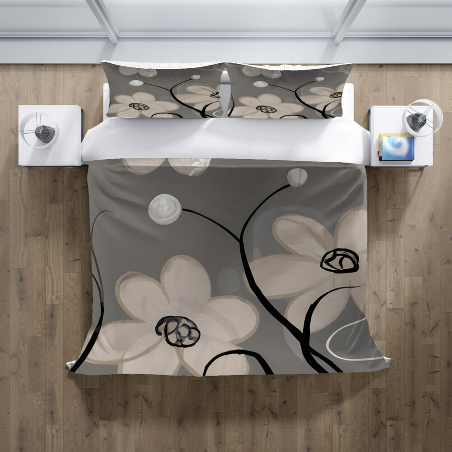 Gray Minimalist Floral Line Pattern Duvet Cover