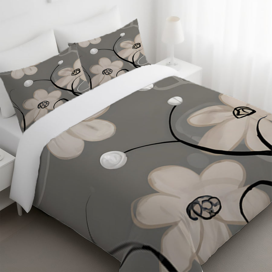 Gray Minimalist Floral Line Pattern Duvet Cover