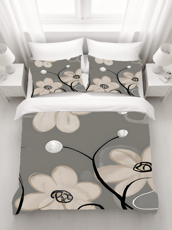 Gray Minimalist Floral Line Pattern Duvet Cover