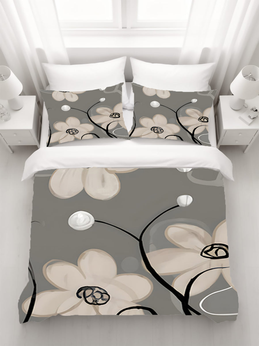 Gray Minimalist Floral Line Pattern Duvet Cover