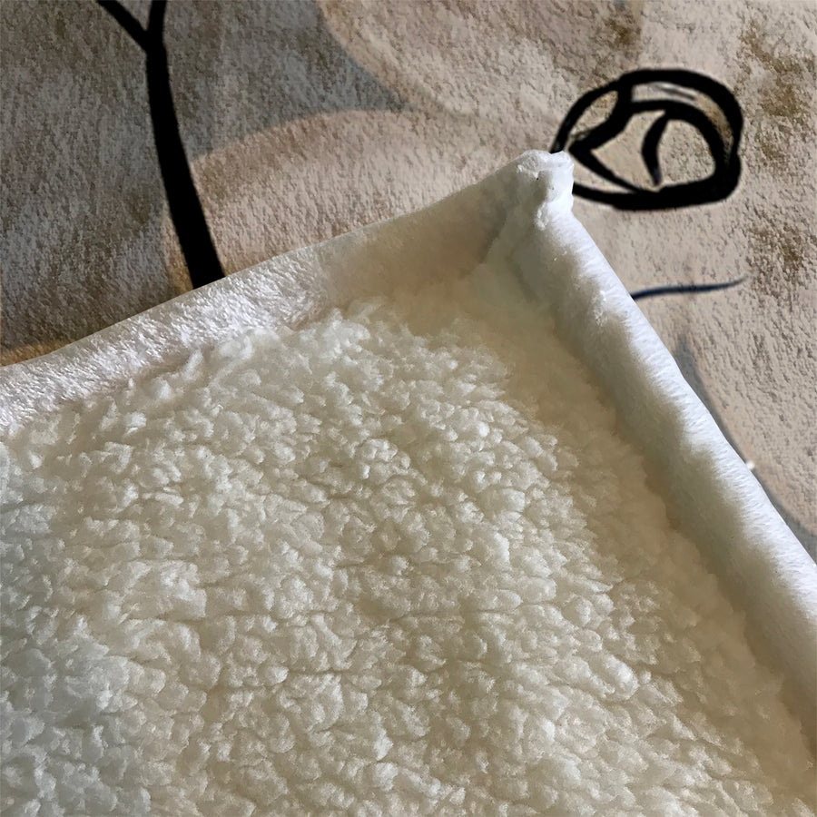 Gray Minimalist Floral Line Pattern Fleece Sherpa Blanket