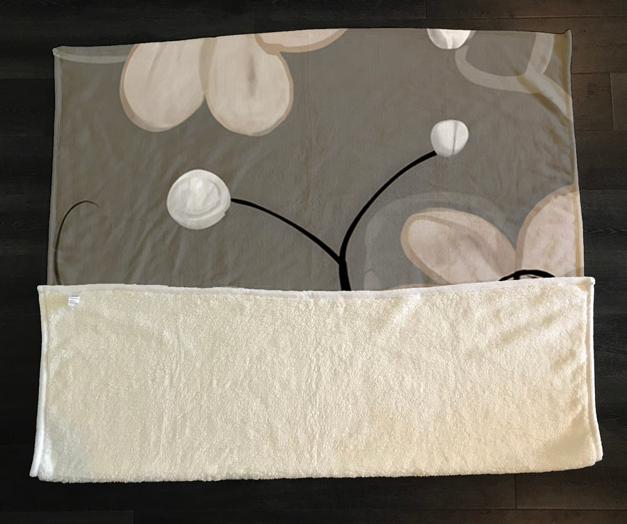 Gray Minimalist Floral Line Pattern Fleece Sherpa Blanket