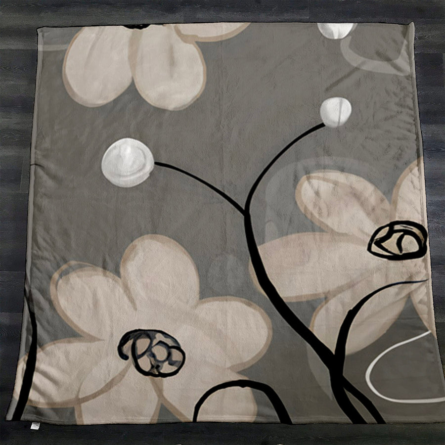 Gray Minimalist Floral Line Pattern Fleece Sherpa Blanket