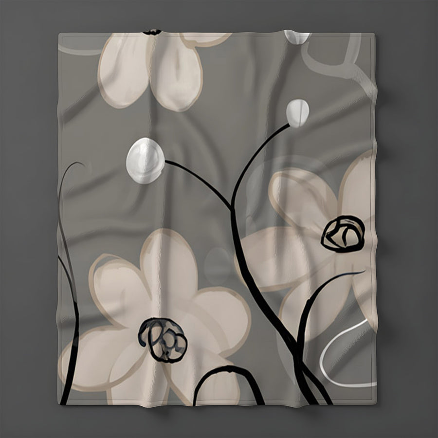 Gray Minimalist Floral Line Pattern Fleece Sherpa Blanket