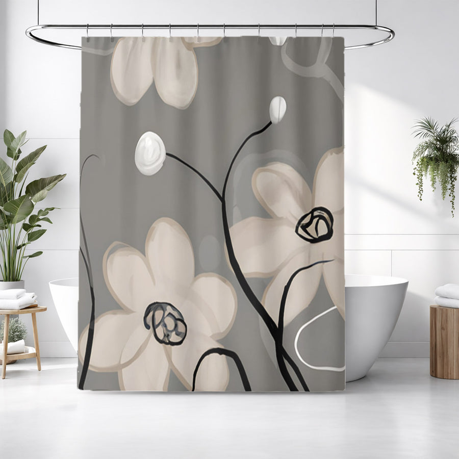Gray Minimalist Floral Line Pattern Shower Curtain
